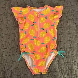 Cat & Jack pink one piece lemon print swimsuit with ruffle sleeve
